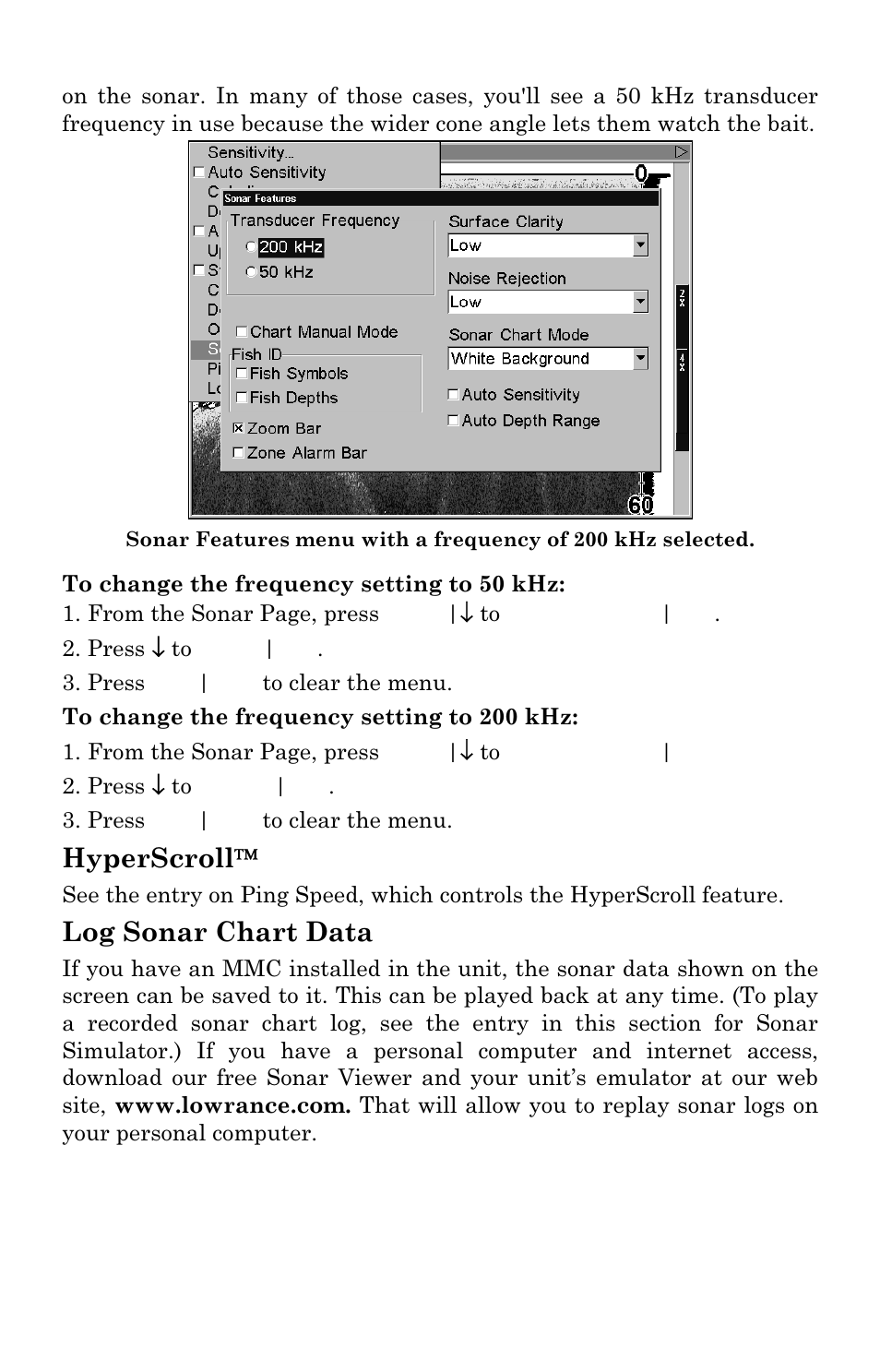 Hyperscroll, Log sonar chart data | Lowrance electronic LCX-111C User Manual | Page 78 / 208