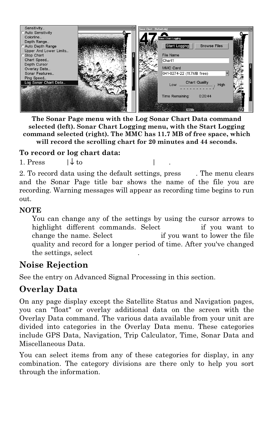 Noise rejection, Overlay data | Lowrance electronic LCX-111C User Manual | Page 79 / 208