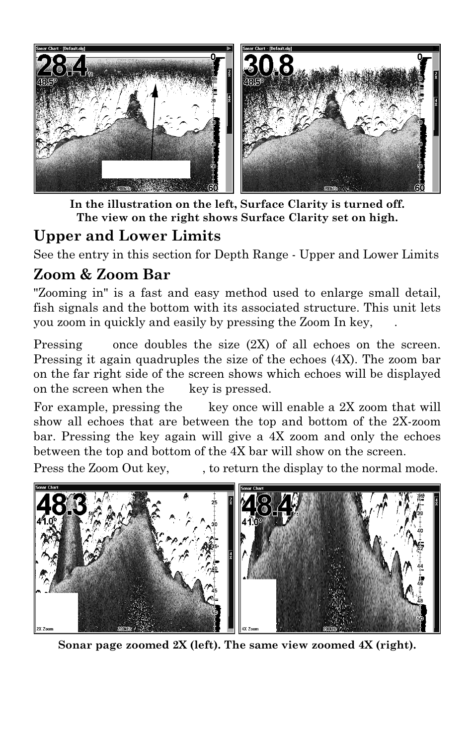Upper and lower limits, Zoom & zoom bar | Lowrance electronic LCX-111C User Manual | Page 96 / 208