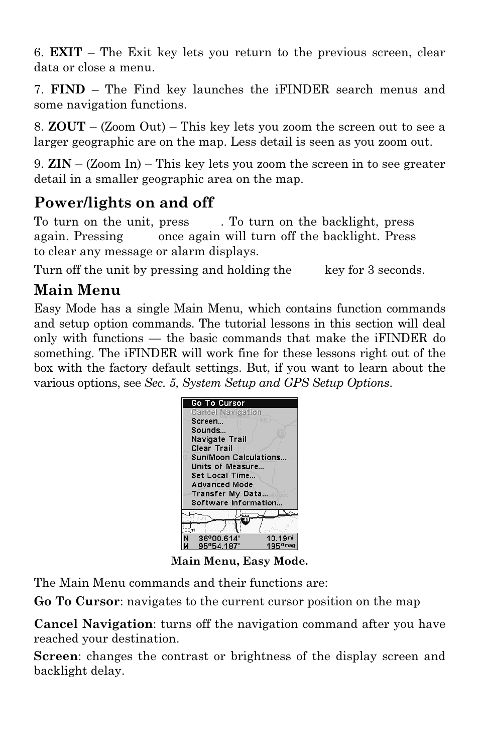 Power/lights on and off, Main menu | Lowrance electronic Lowrance iFINDER H2O C User Manual | Page 28 / 132