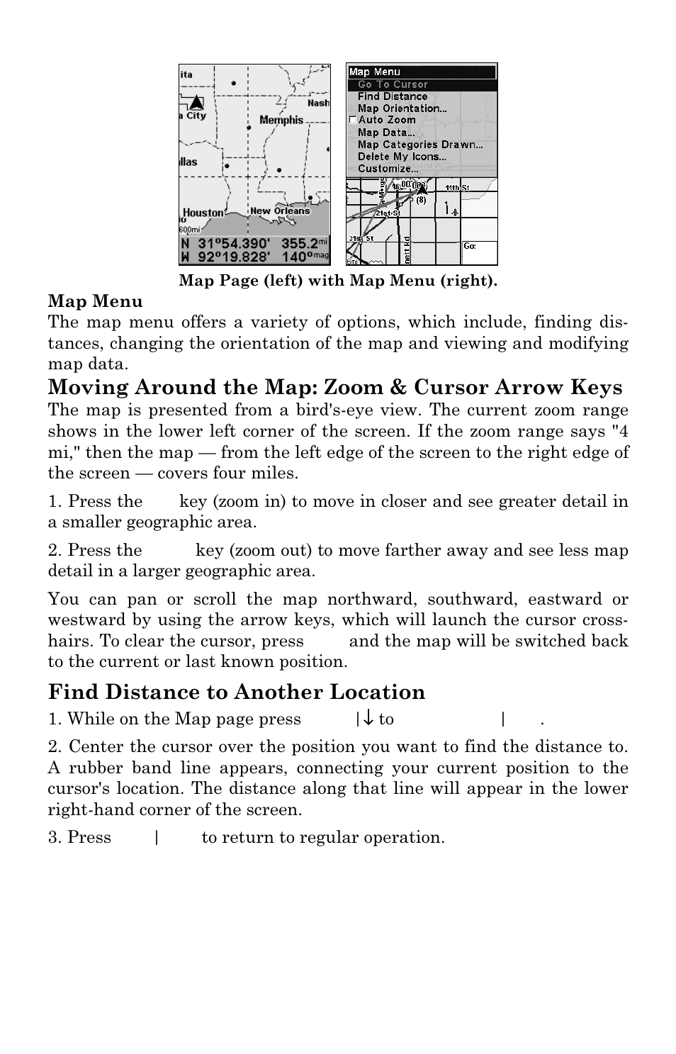 Moving around the map: zoom & cursor arrow keys, Find distance to another location | Lowrance electronic Lowrance iFINDER H2O C User Manual | Page 55 / 132