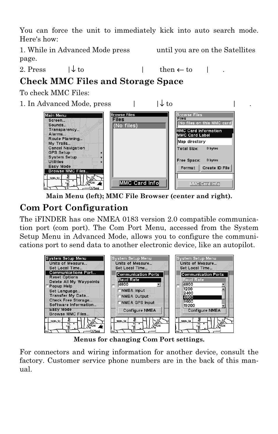 Check mmc files and storage space, Com port configuration | Lowrance electronic Lowrance iFINDER H2O C User Manual | Page 75 / 132