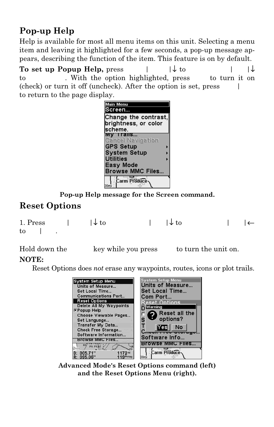 Pop-up help, Reset options | Lowrance electronic Lowrance iFINDER H2O C User Manual | Page 93 / 132