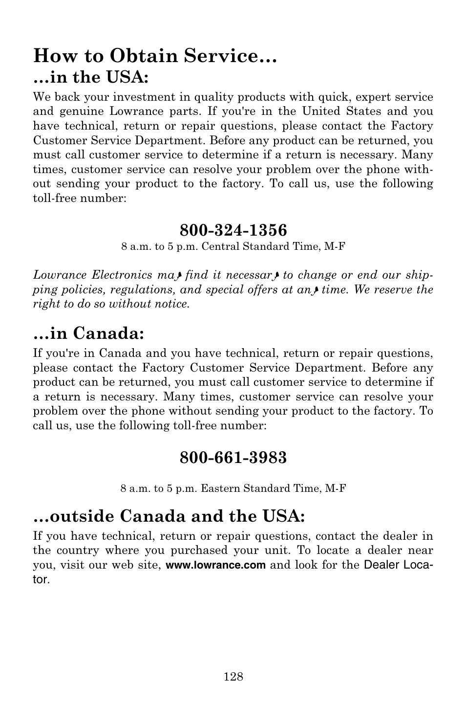 How to obtain service, Outside canada and the usa | Lowrance electronic Lowrance GlobalMap 3500C User Manual | Page 134 / 136