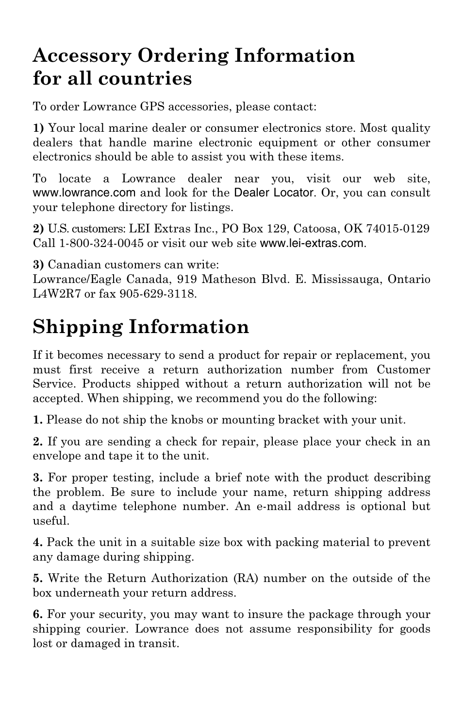 Accessory ordering information for all countries, Shipping information | Lowrance electronic Lowrance GlobalMap 3500C User Manual | Page 135 / 136