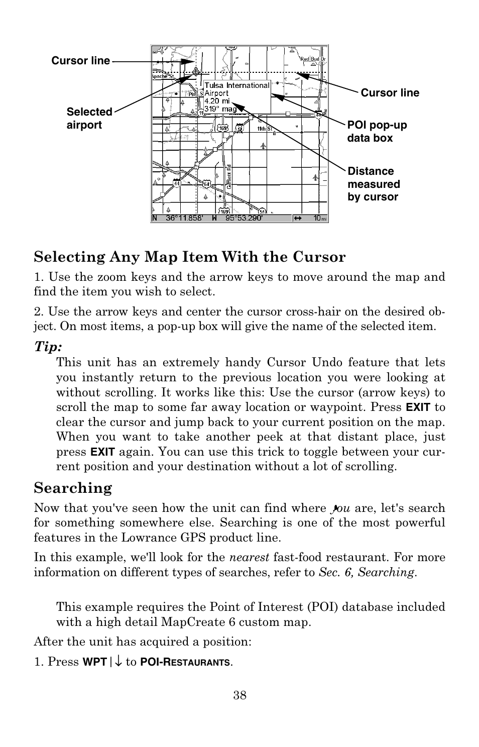 Selecting any map item with the cursor, Searching | Lowrance electronic Lowrance GlobalMap 3500C User Manual | Page 44 / 136