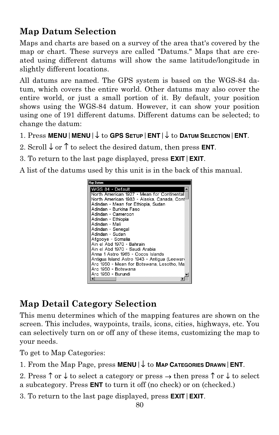 Map datum selection, Map detail category selection | Lowrance electronic Lowrance GlobalMap 3500C User Manual | Page 86 / 136