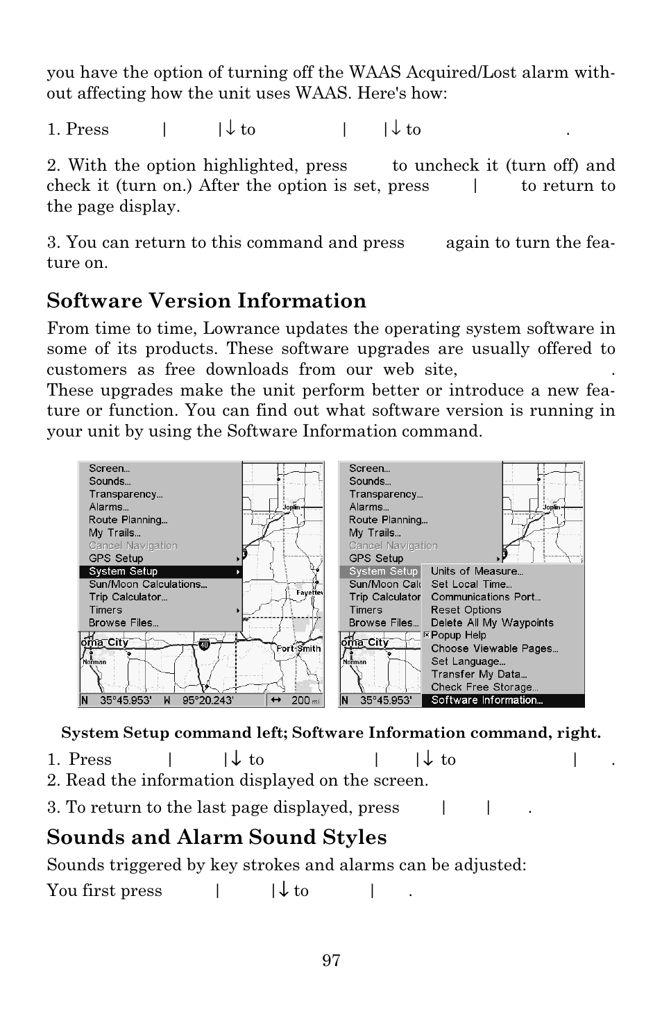 Software version information, Sounds and alarm sound styles | Lowrance electronic 3600C User Manual | Page 103 / 136