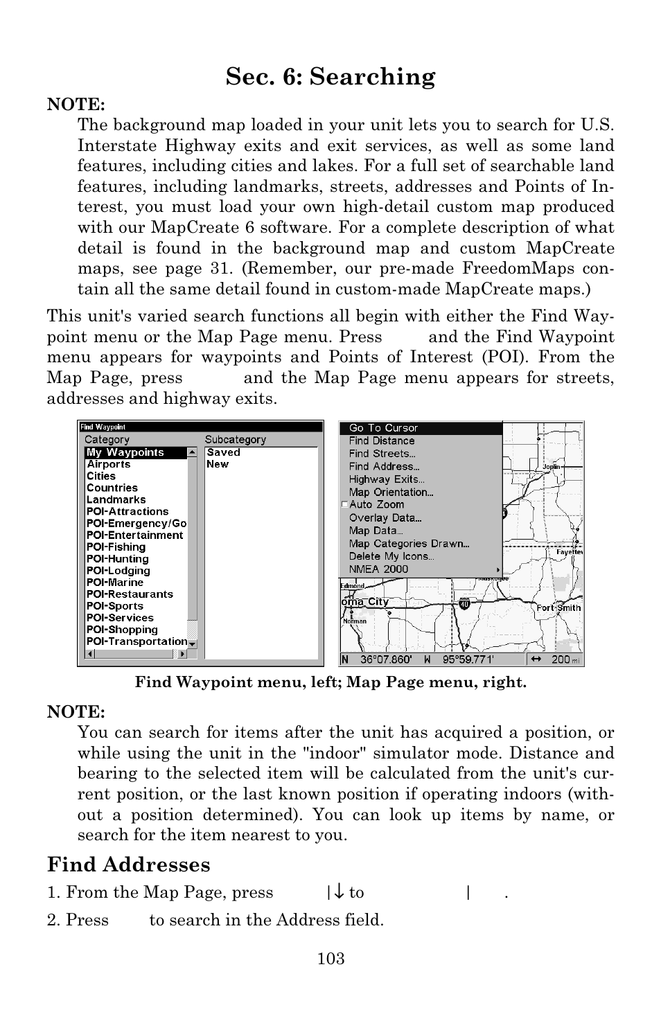 Sec. 6: searching, Find addresses | Lowrance electronic 3600C User Manual | Page 109 / 136