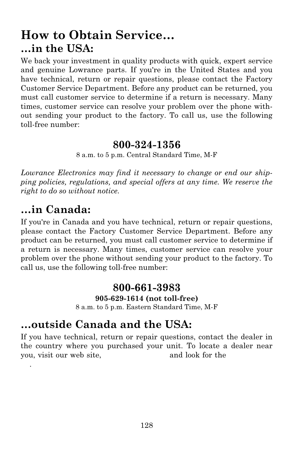 How to obtain service, Outside canada and the usa | Lowrance electronic 3600C User Manual | Page 134 / 136