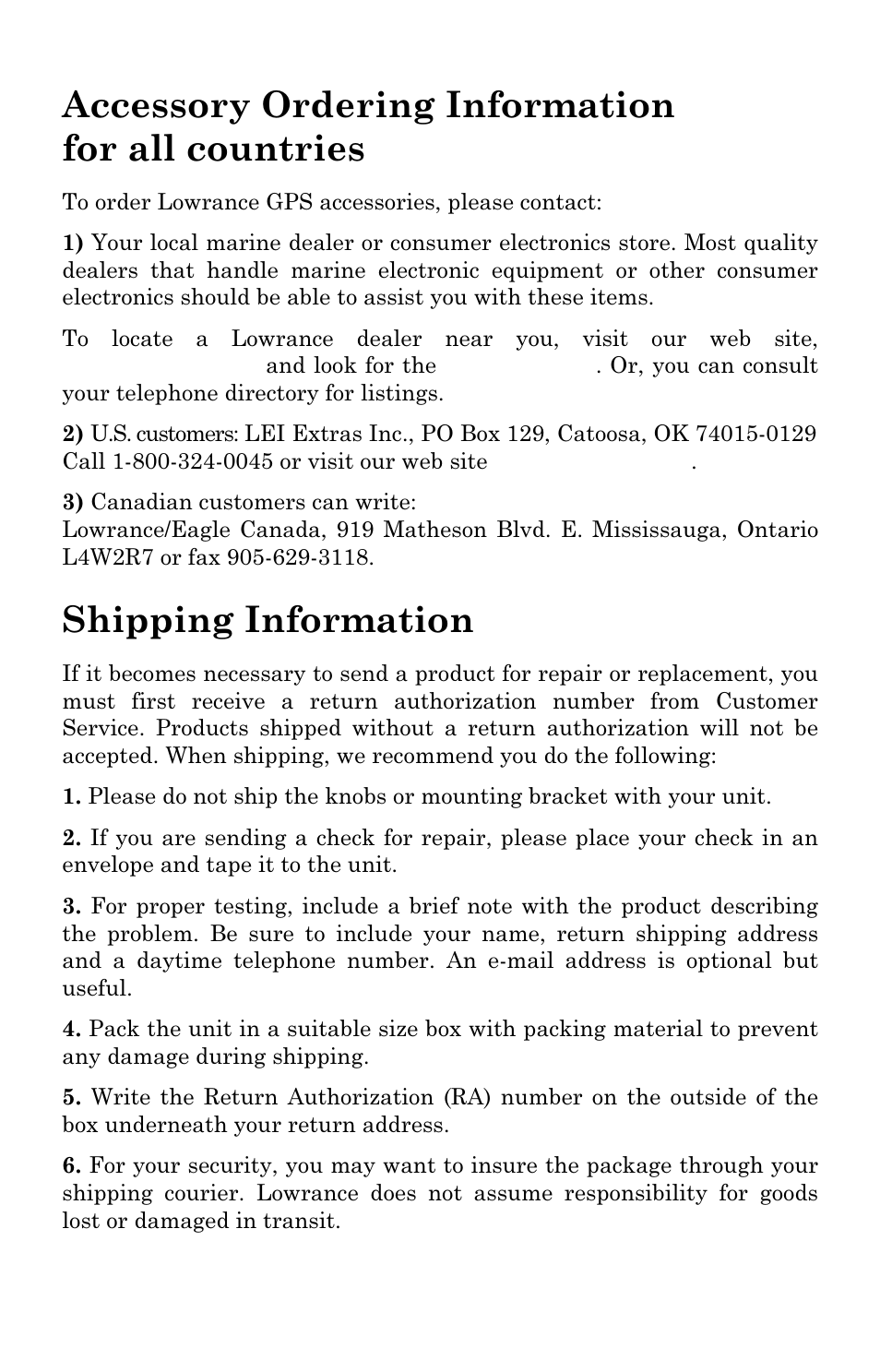 Accessory ordering information for all countries, Shipping information | Lowrance electronic 3600C User Manual | Page 135 / 136