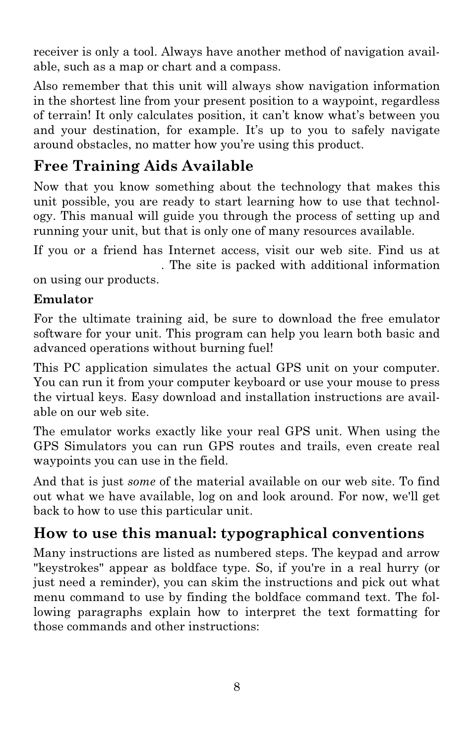 Free training aids available, How to use this manual: typographical conventions | Lowrance electronic 3600C User Manual | Page 14 / 136