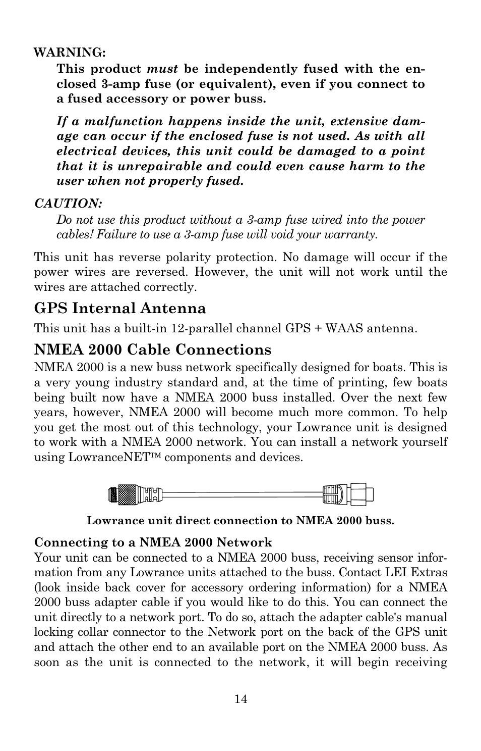 Gps internal antenna, Nmea 2000 cable connections | Lowrance electronic 3600C User Manual | Page 20 / 136