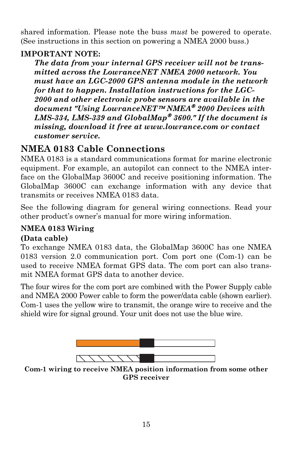 Nmea 0183 cable connections | Lowrance electronic 3600C User Manual | Page 21 / 136