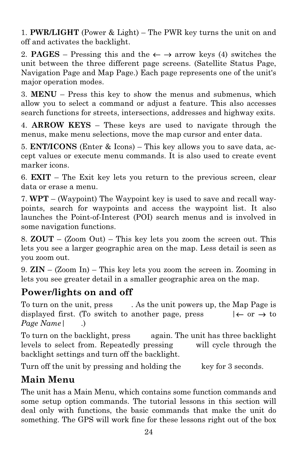 Power/lights on and off, Main menu | Lowrance electronic 3600C User Manual | Page 30 / 136