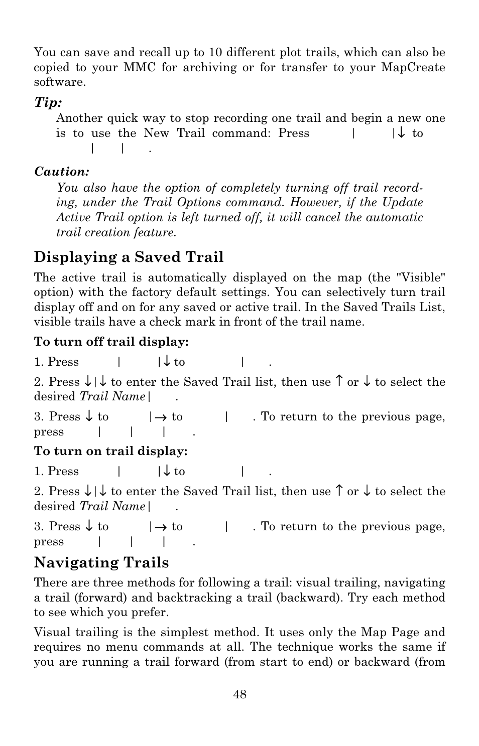 Displaying a saved trail, Navigating trails | Lowrance electronic 3600C User Manual | Page 54 / 136