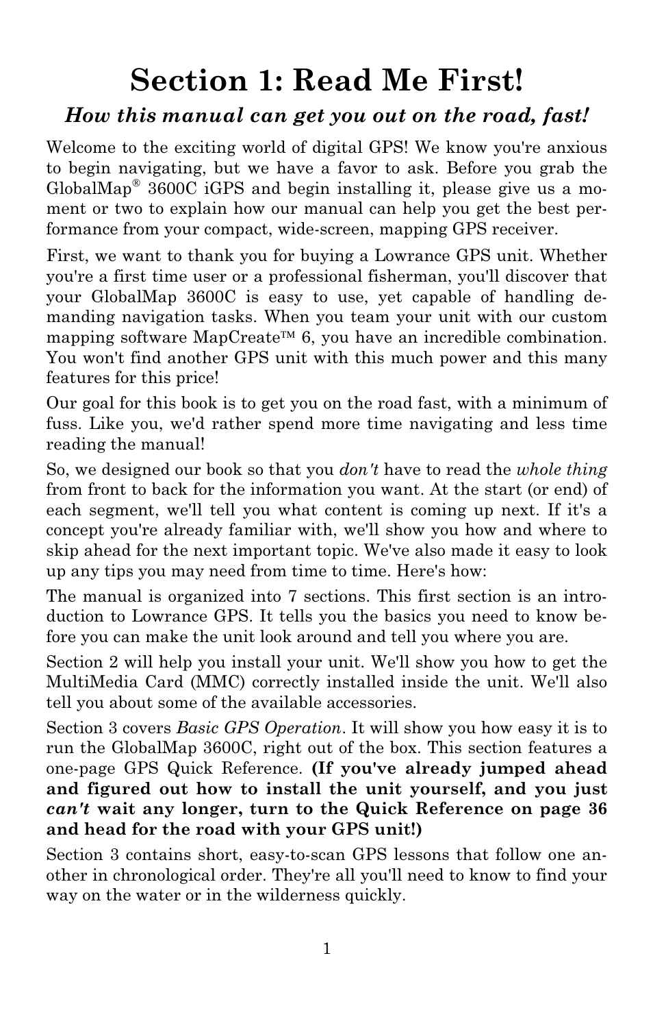 How this manual can get you out on the road, fast | Lowrance electronic 3600C User Manual | Page 7 / 136