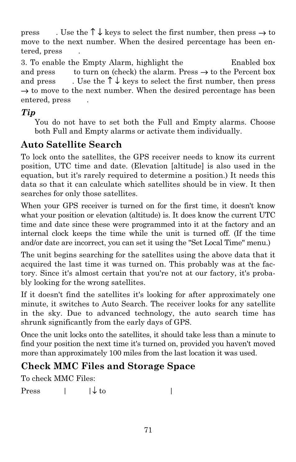 Auto satellite search, Check mmc files and storage space | Lowrance electronic 3600C User Manual | Page 77 / 136