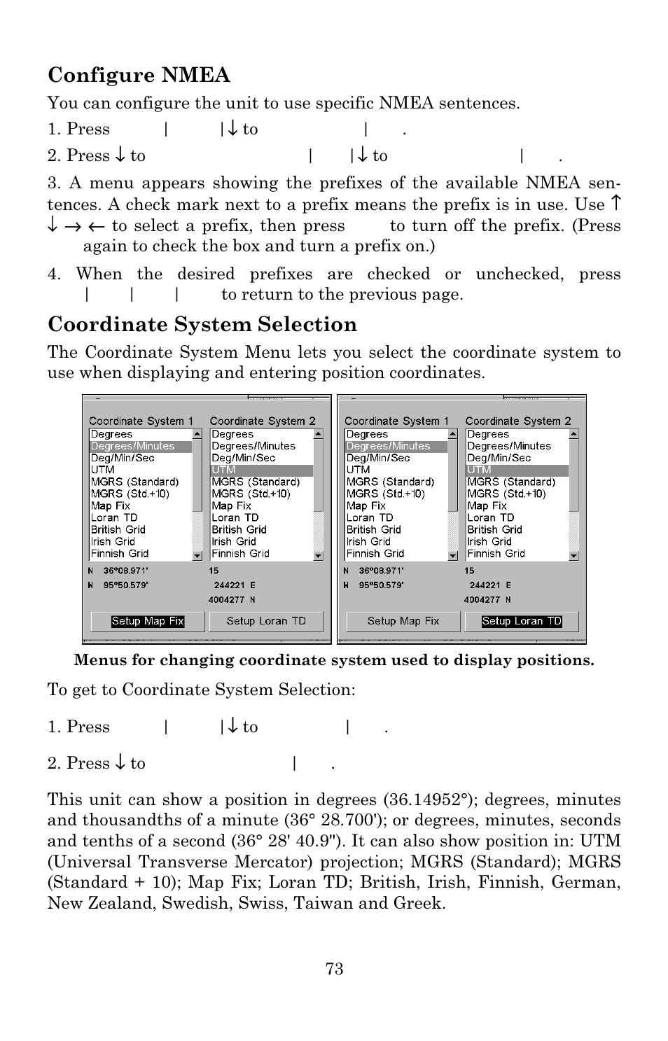 Configure nmea, Coordinate system selection | Lowrance electronic 3600C User Manual | Page 79 / 136