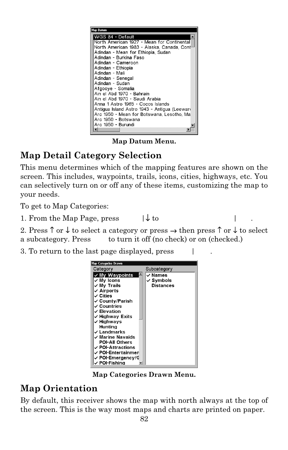 Map detail category selection, Map orientation | Lowrance electronic 3600C User Manual | Page 88 / 136