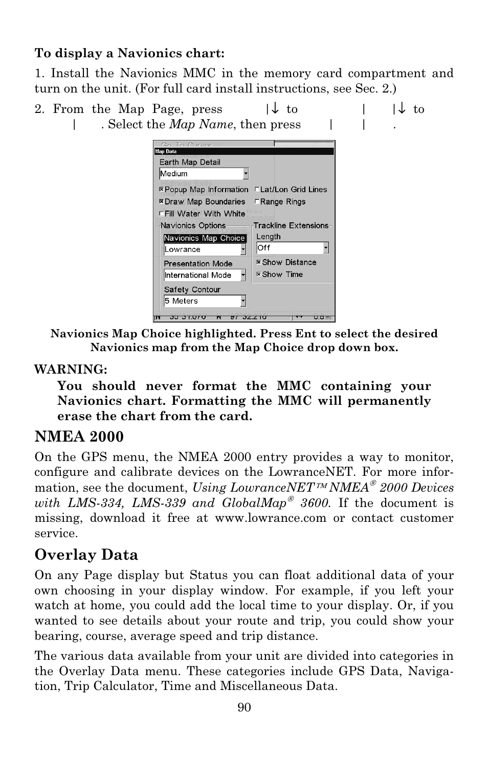 Nmea 2000, Overlay data | Lowrance electronic 3600C User Manual | Page 96 / 136