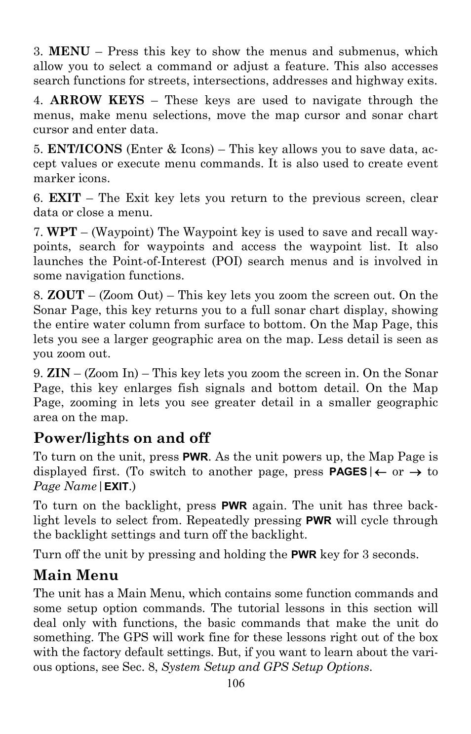 Power/lights on and off, Main menu | Lowrance electronic LMS-520C User Manual | Page 116 / 252