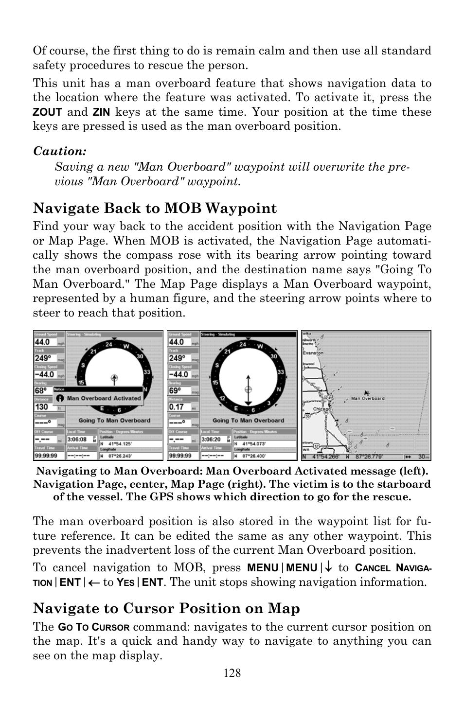 Navigate back to mob waypoint, Navigate to cursor position on map | Lowrance electronic LMS-520C User Manual | Page 138 / 252