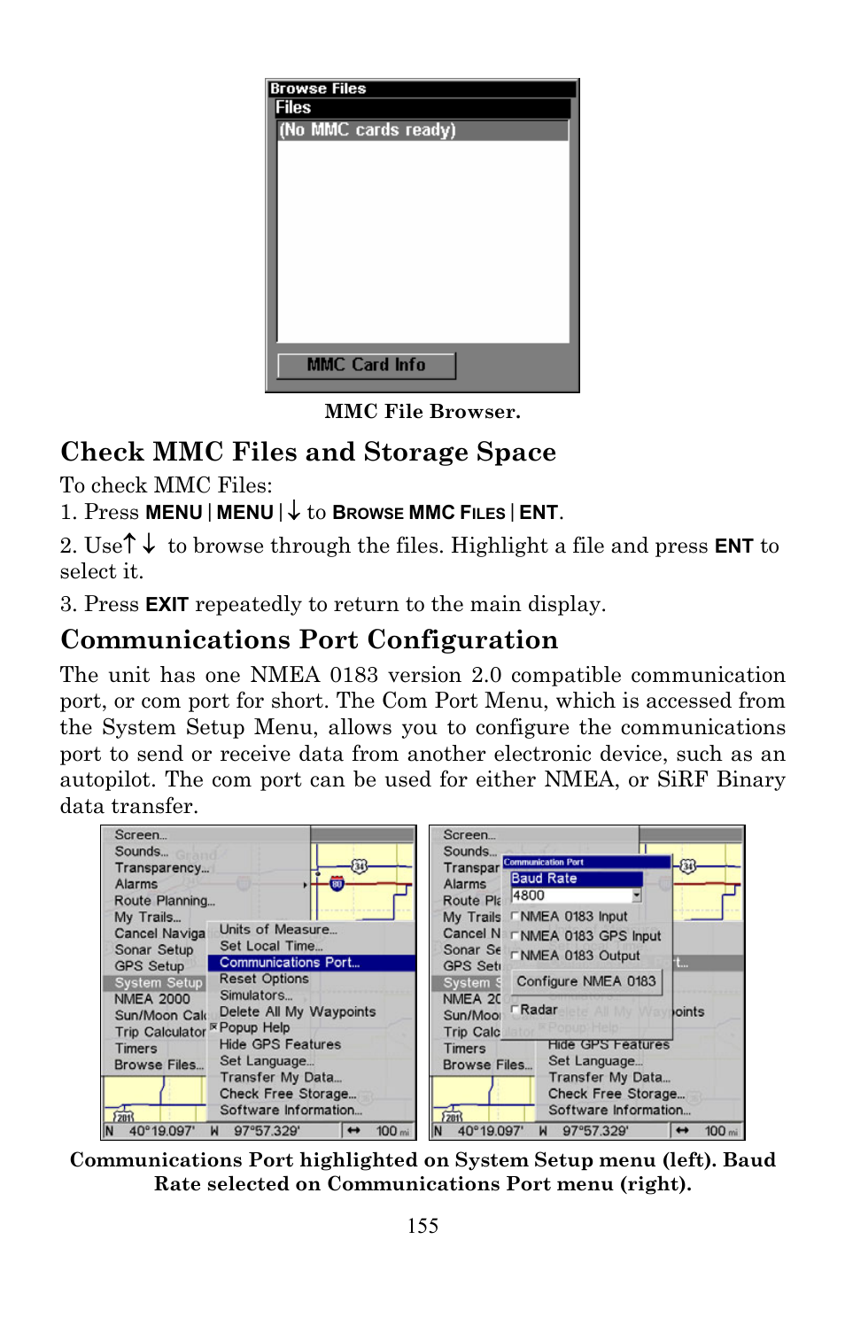 Check mmc files and storage space, Communications port configuration | Lowrance electronic LMS-520C User Manual | Page 165 / 252