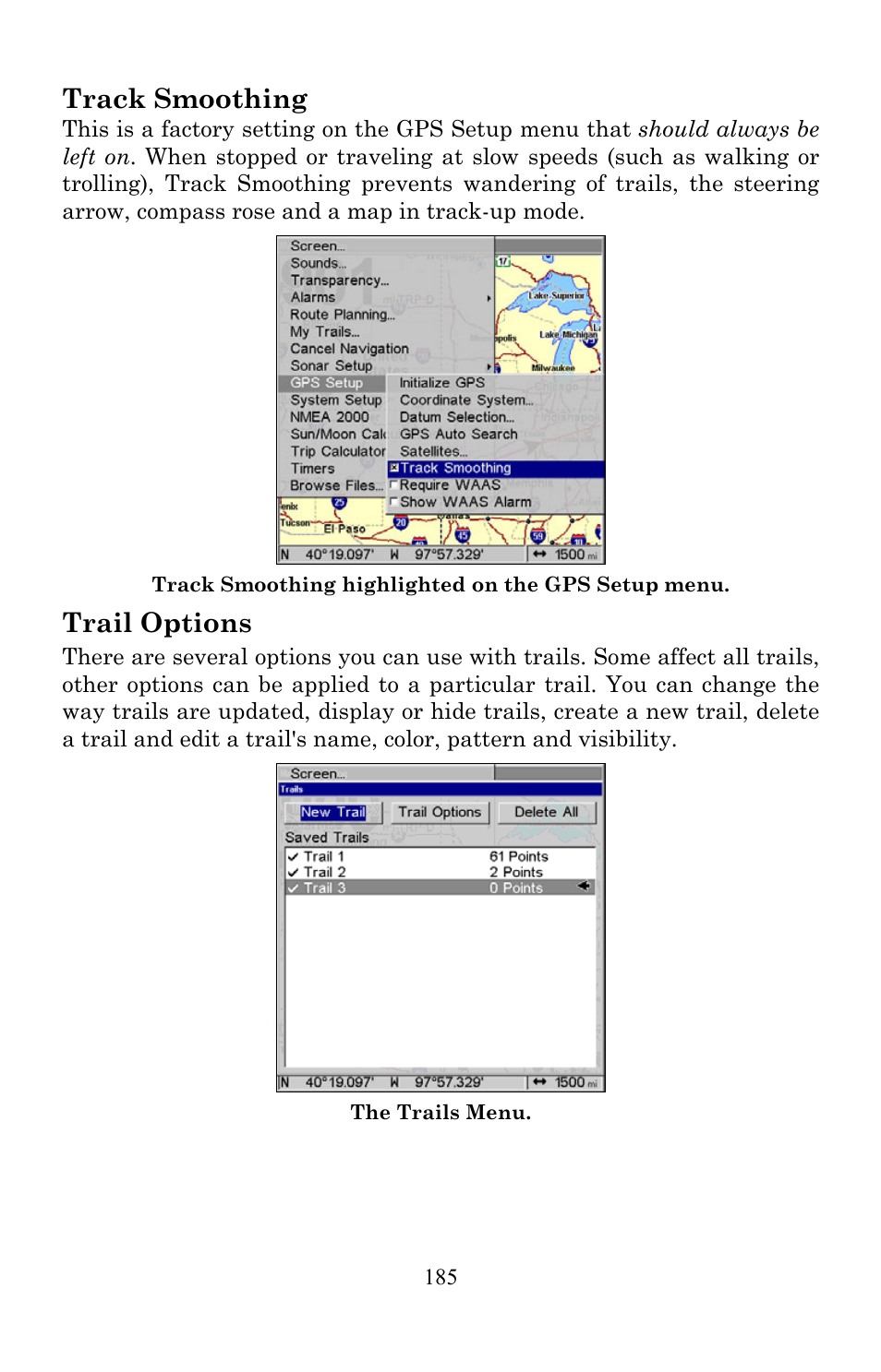 Track smoothing, Trail options | Lowrance electronic LMS-520C User Manual | Page 195 / 252