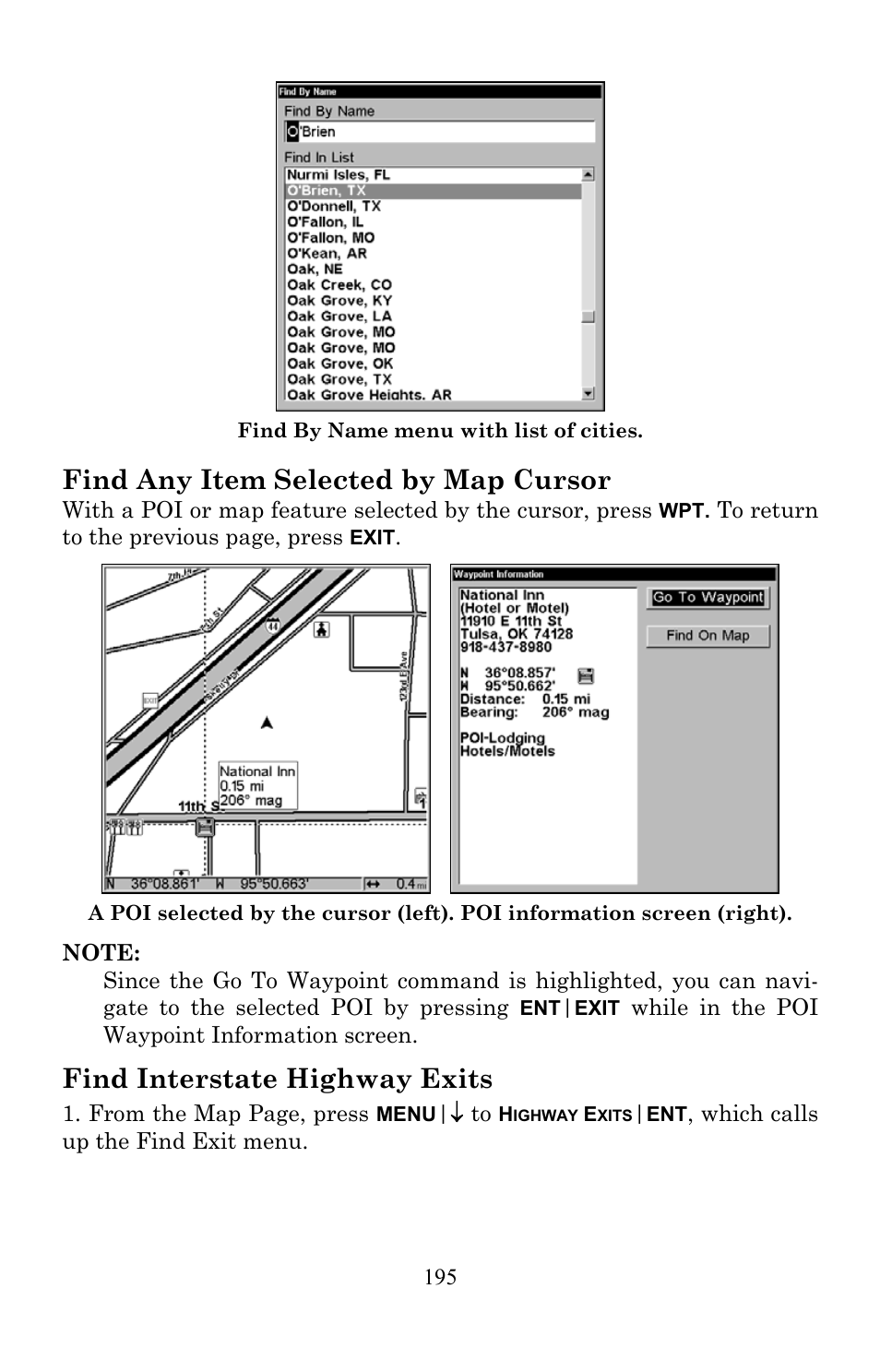Find any item selected by map cursor, Find interstate highway exits | Lowrance electronic LMS-520C User Manual | Page 205 / 252
