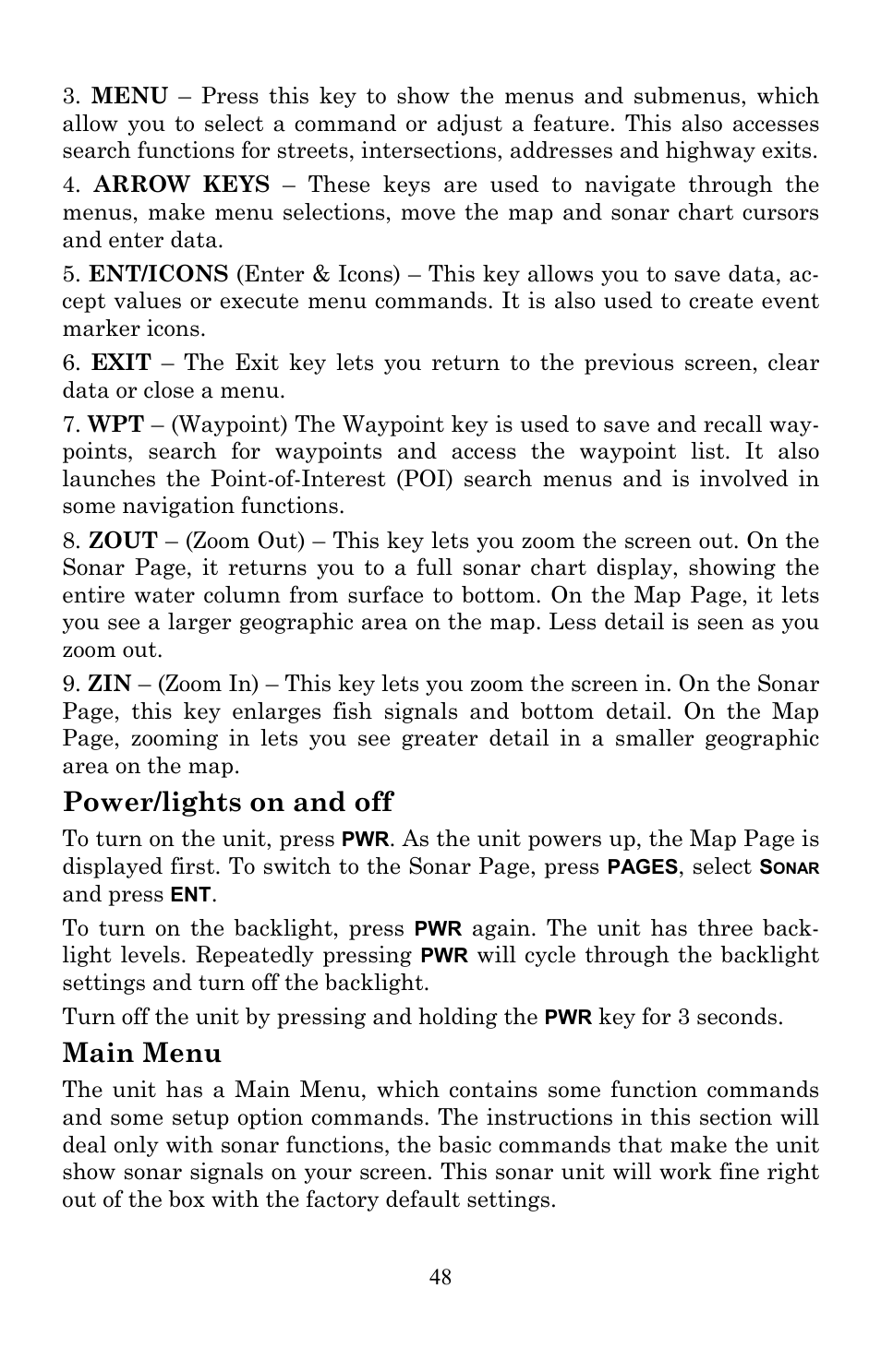Power/lights on and off, Main menu | Lowrance electronic LMS-520C User Manual | Page 58 / 252