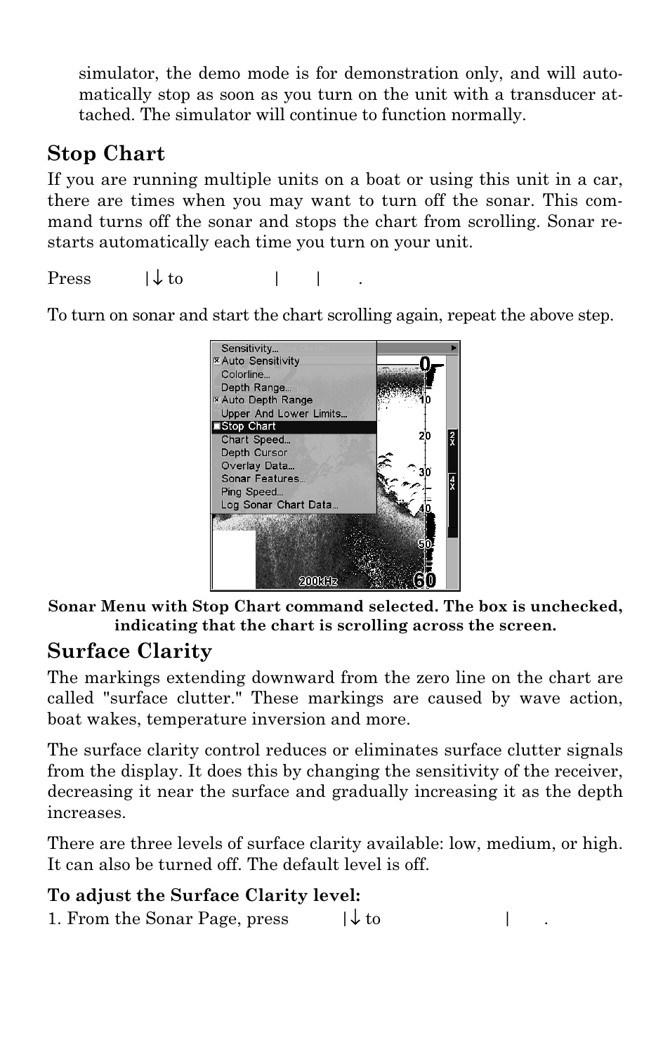 Stop chart, Surface clarity | Lowrance electronic LMS-337C DF User Manual | Page 102 / 216