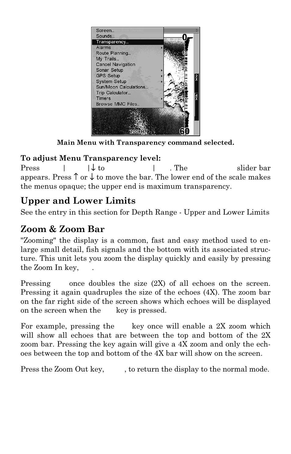 Upper and lower limits, Zoom & zoom bar | Lowrance electronic LMS-337C DF User Manual | Page 104 / 216