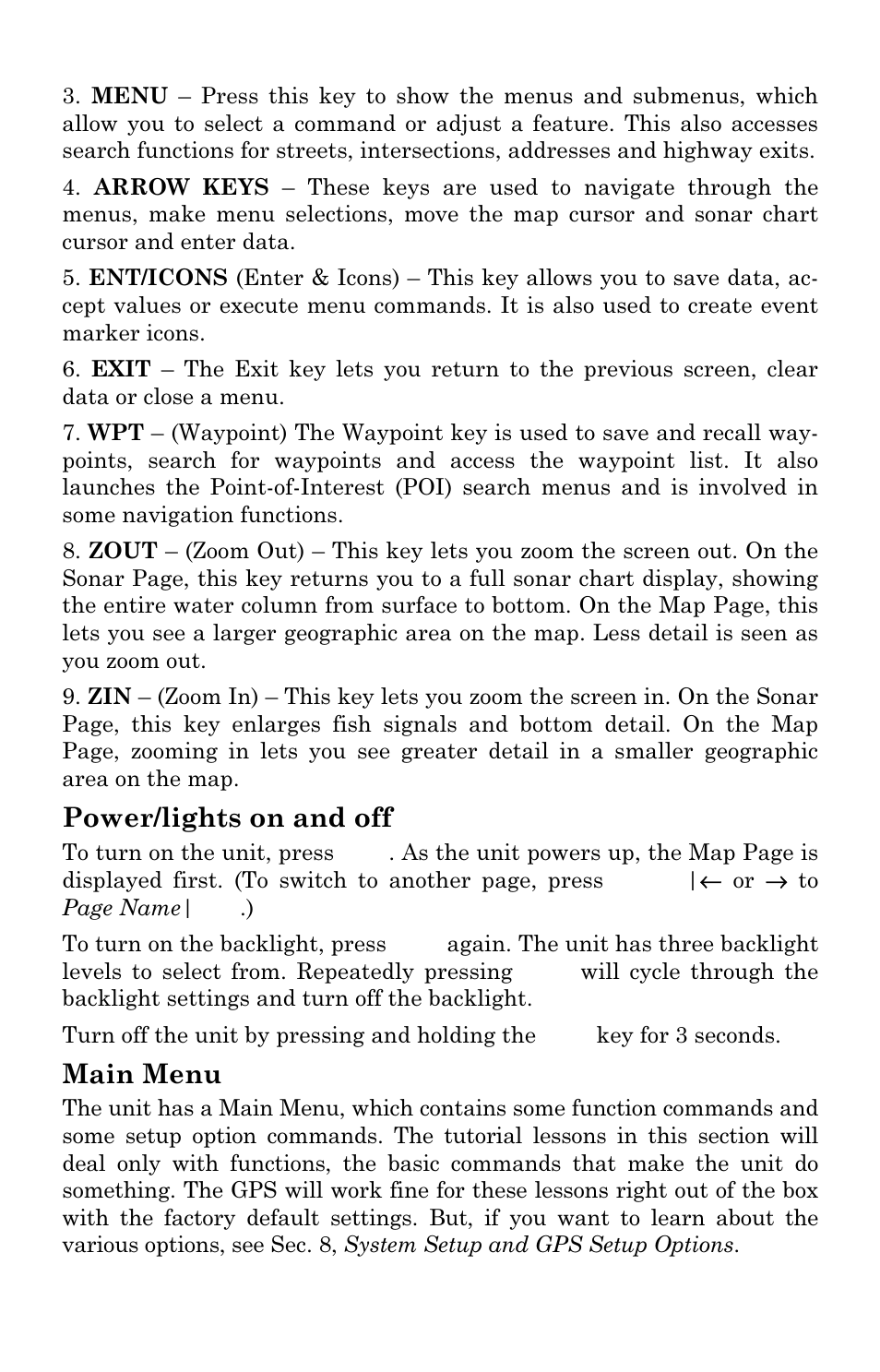 Power/lights on and off, Main menu | Lowrance electronic LMS-337C DF User Manual | Page 112 / 216