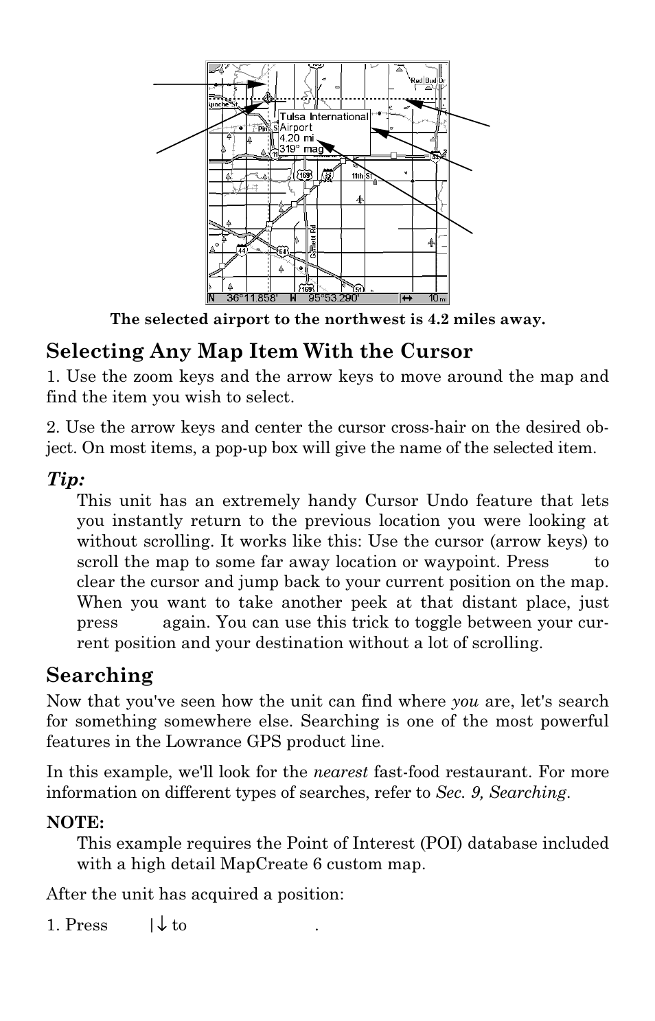 Selecting any map item with the cursor, Searching | Lowrance electronic LMS-337C DF User Manual | Page 126 / 216