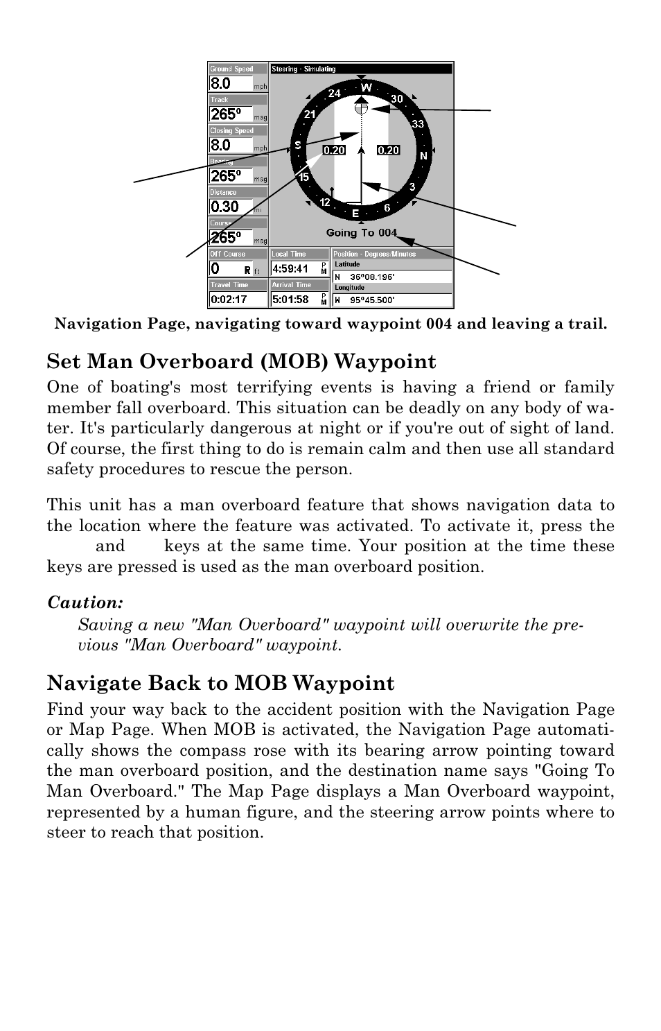 Set man overboard (mob) waypoint, Navigate back to mob waypoint | Lowrance electronic LMS-337C DF User Manual | Page 131 / 216
