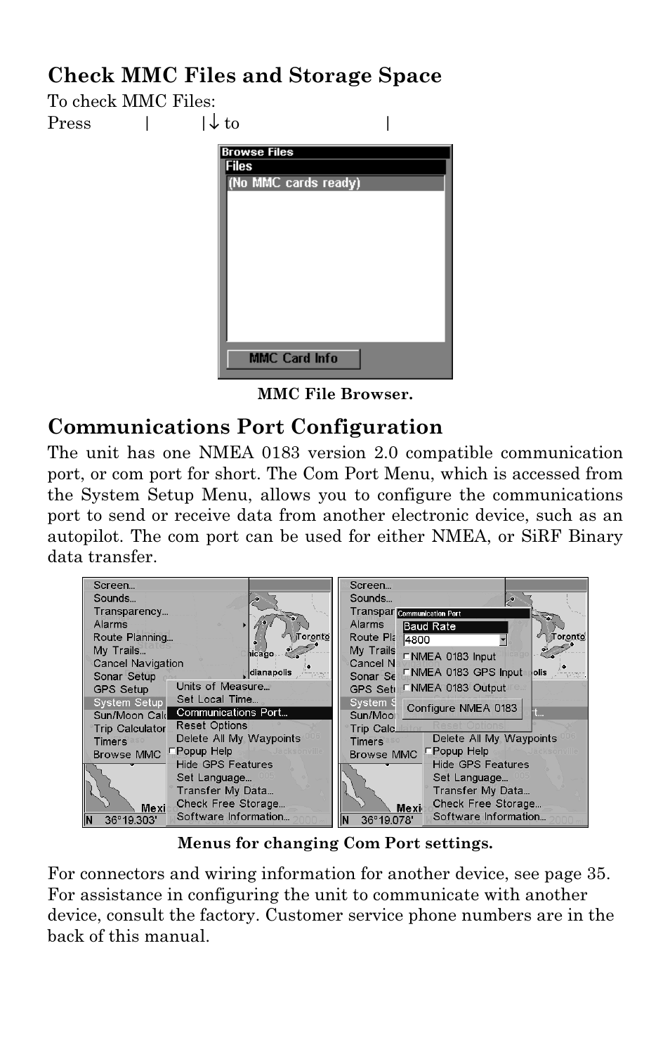 Check mmc files and storage space, Communications port configuration | Lowrance electronic LMS-337C DF User Manual | Page 159 / 216