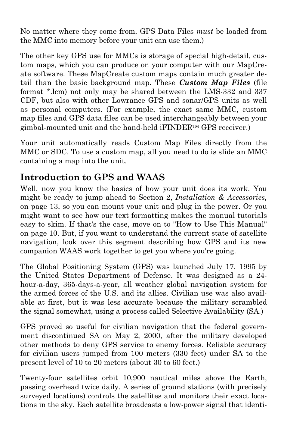 Introduction to gps and waas | Lowrance electronic LMS-337C DF User Manual | Page 16 / 216