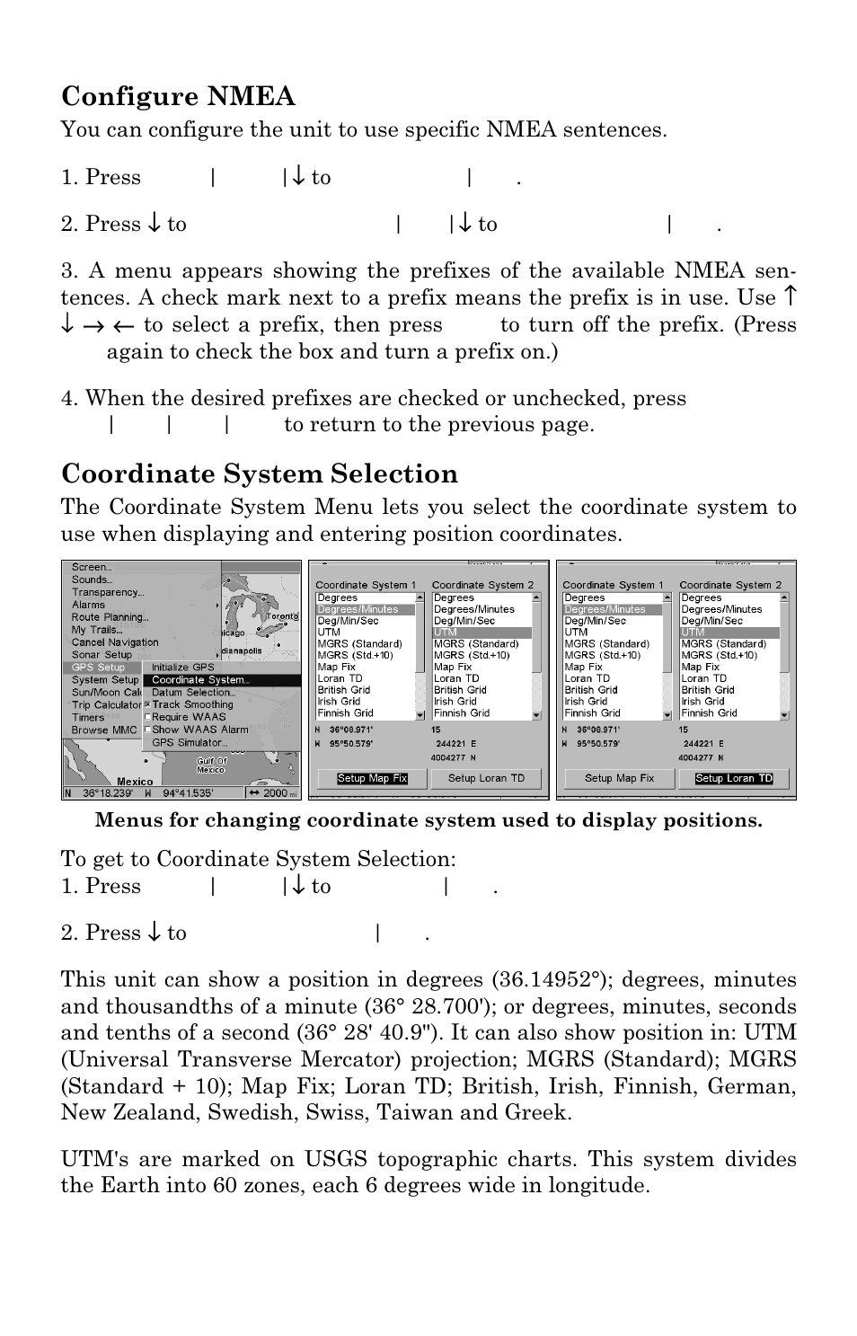 Configure nmea, Coordinate system selection | Lowrance electronic LMS-337C DF User Manual | Page 160 / 216