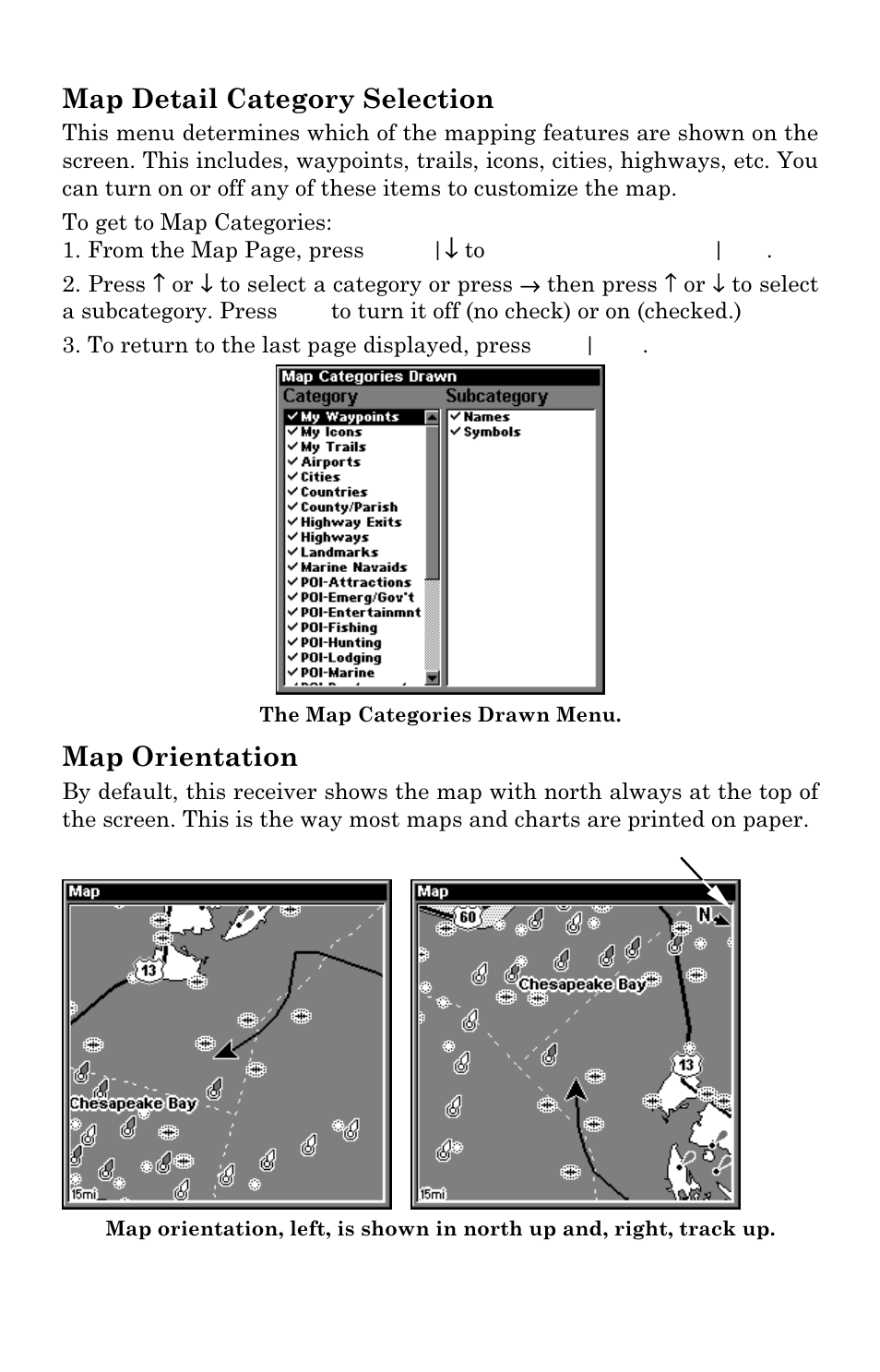 Map detail category selection, Map orientation | Lowrance electronic LMS-337C DF User Manual | Page 169 / 216