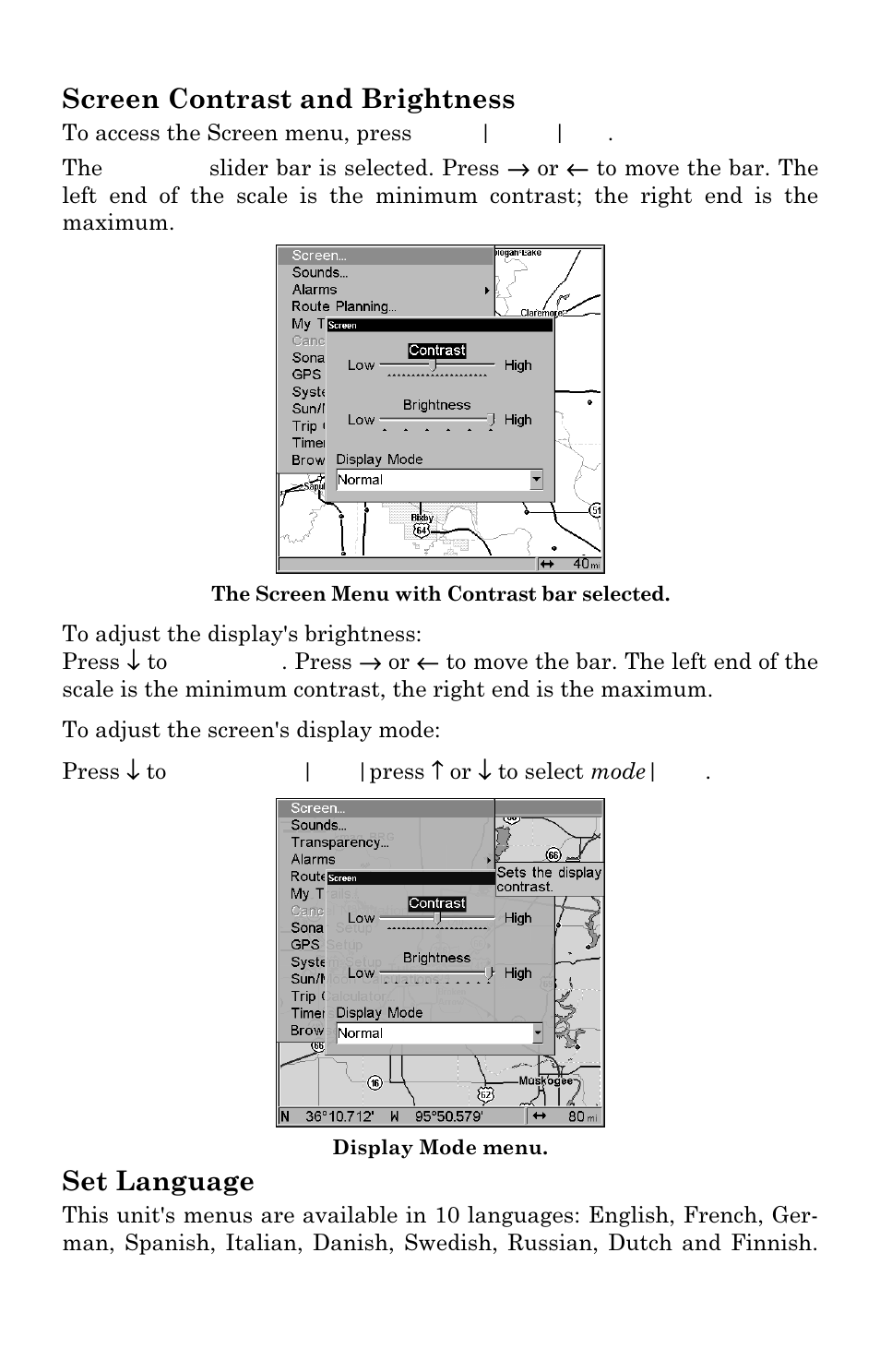 Screen contrast and brightness, Set language | Lowrance electronic LMS-337C DF User Manual | Page 181 / 216