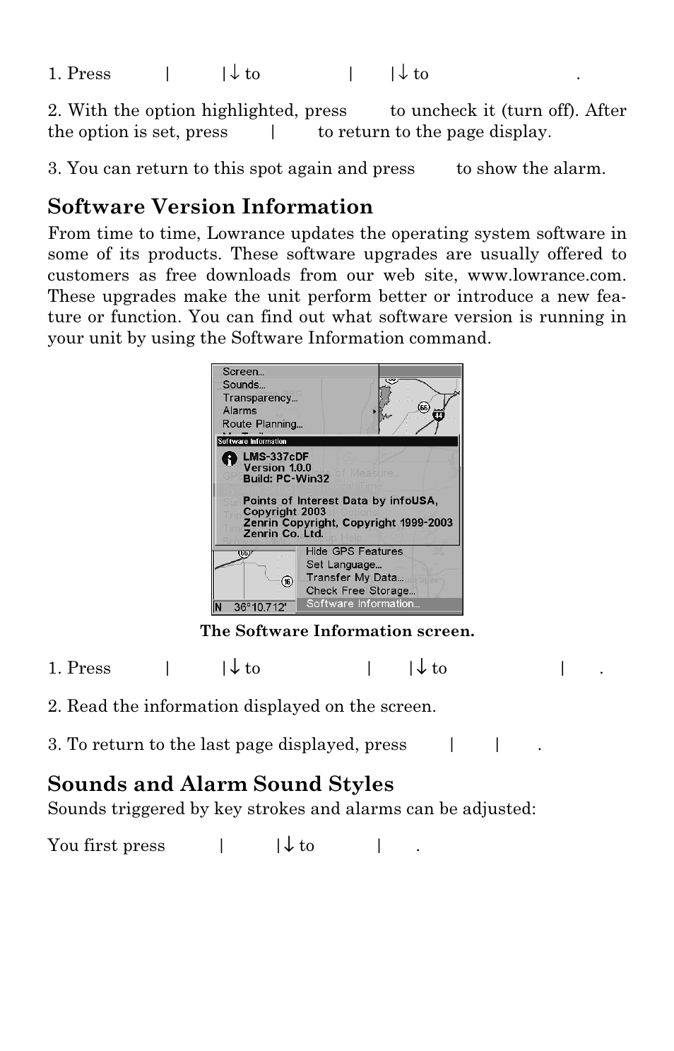 Software version information, Sounds and alarm sound styles | Lowrance electronic LMS-337C DF User Manual | Page 183 / 216