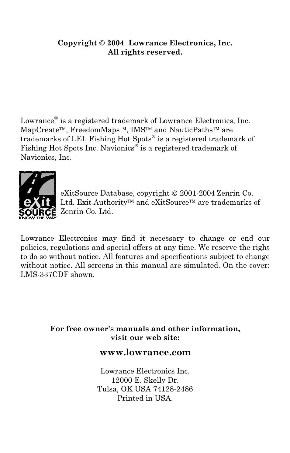 Lowrance electronic LMS-337C DF User Manual | Page 2 / 216