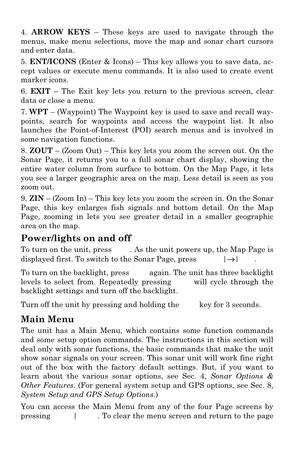 Power/lights on and off, Main menu | Lowrance electronic LMS-337C DF User Manual | Page 54 / 216