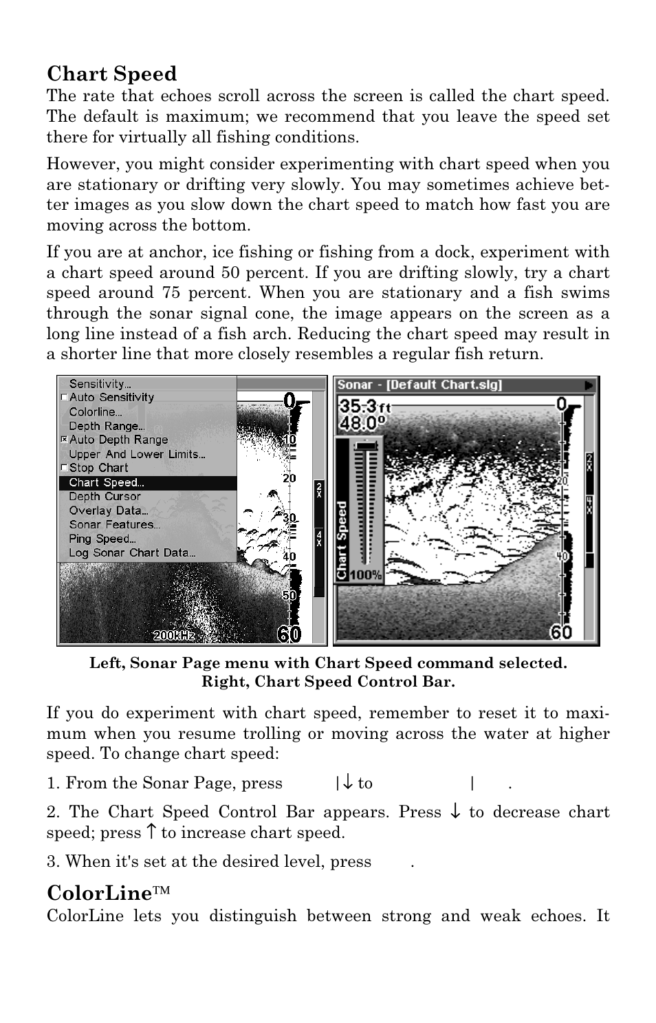 Chart speed, Colorline | Lowrance electronic LMS-337C DF User Manual | Page 74 / 216