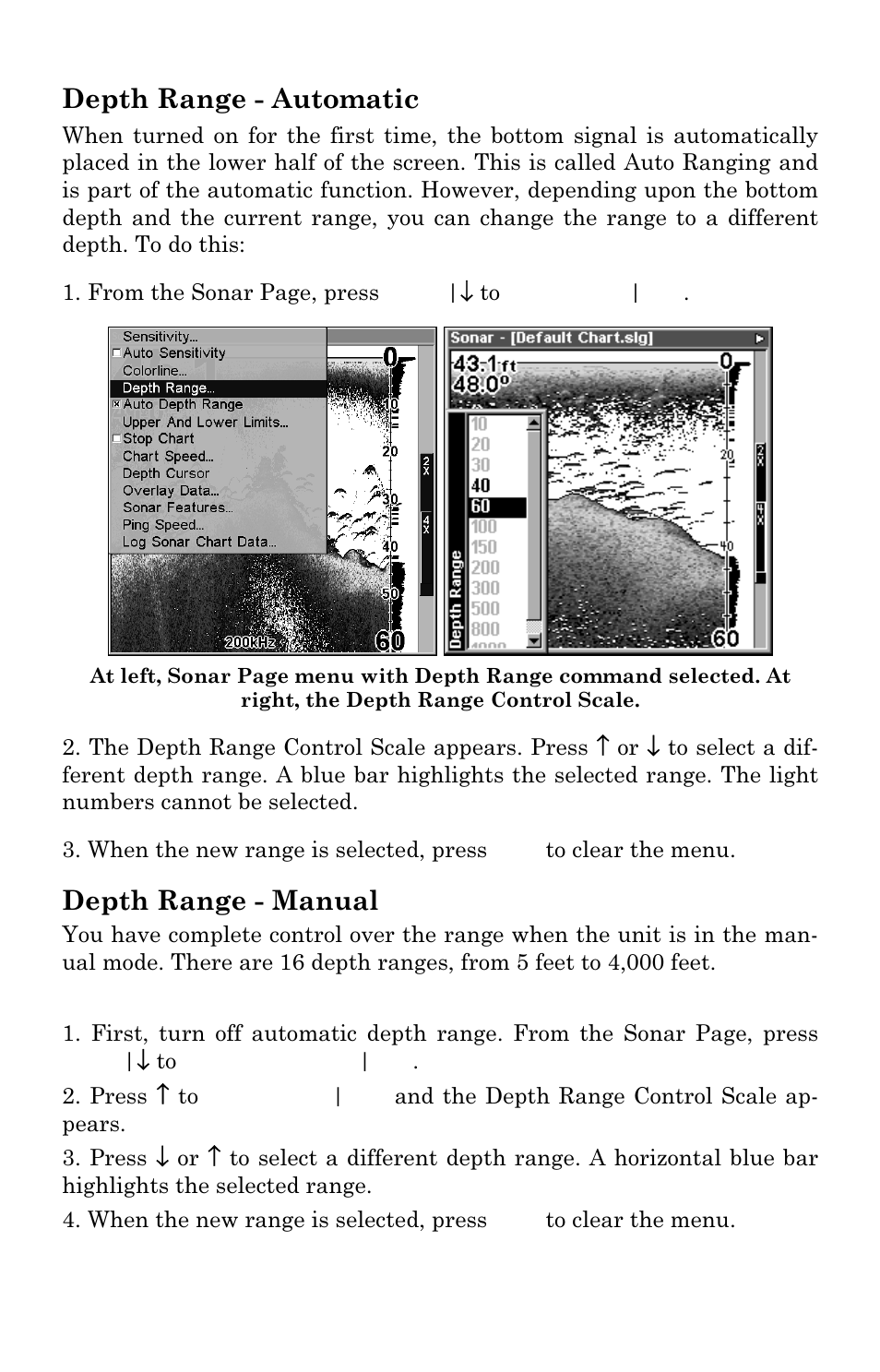 Depth range - automatic, Depth range - manual | Lowrance electronic LMS-337C DF User Manual | Page 77 / 216