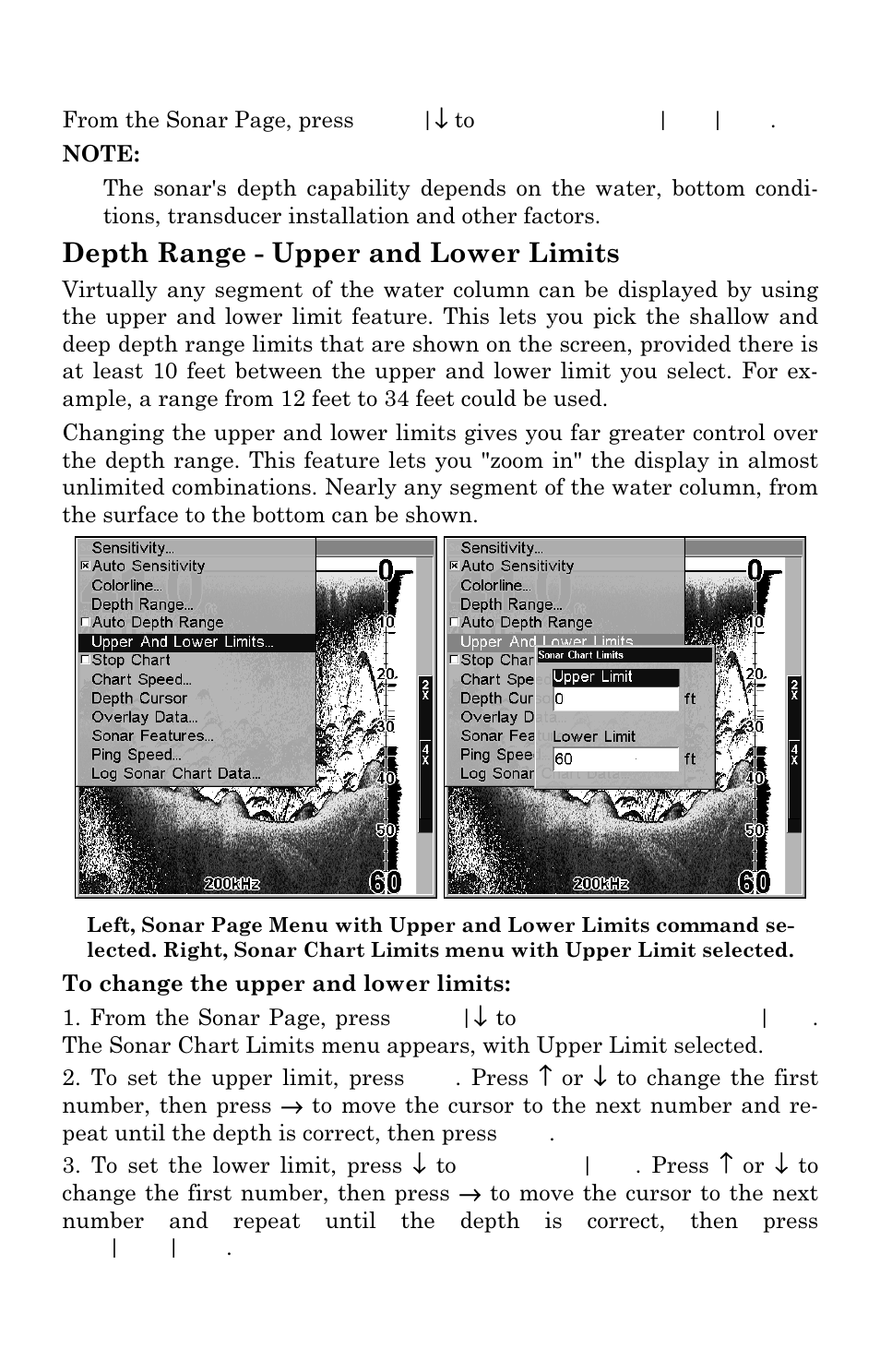 Depth range - upper and lower limits | Lowrance electronic LMS-337C DF User Manual | Page 78 / 216