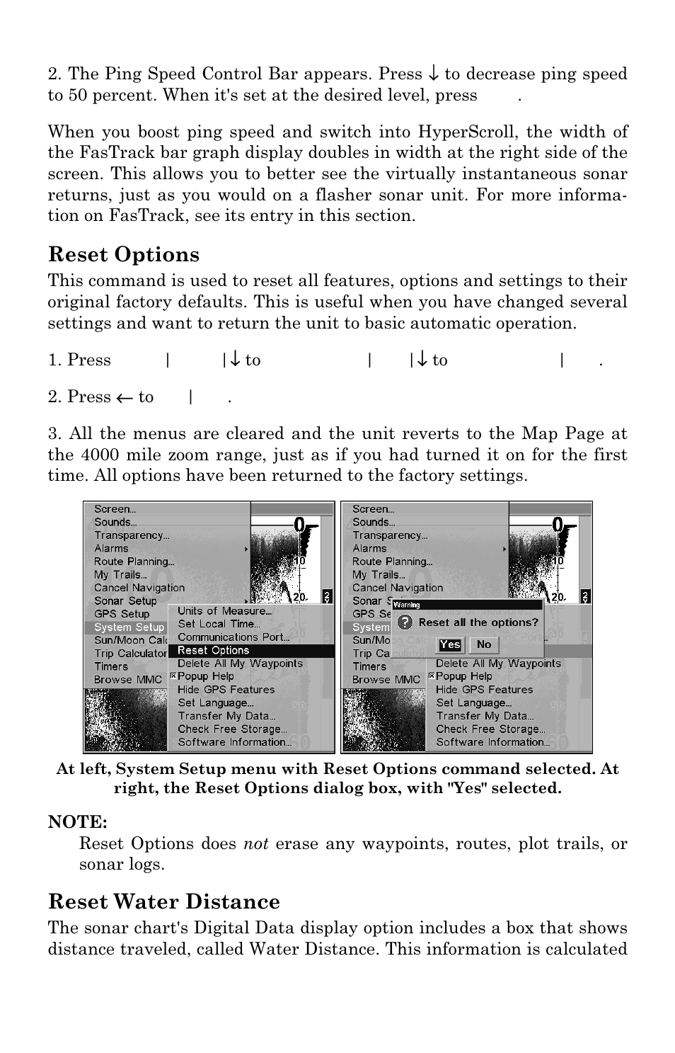 Reset options, Reset water distance | Lowrance electronic LMS-337C DF User Manual | Page 90 / 216