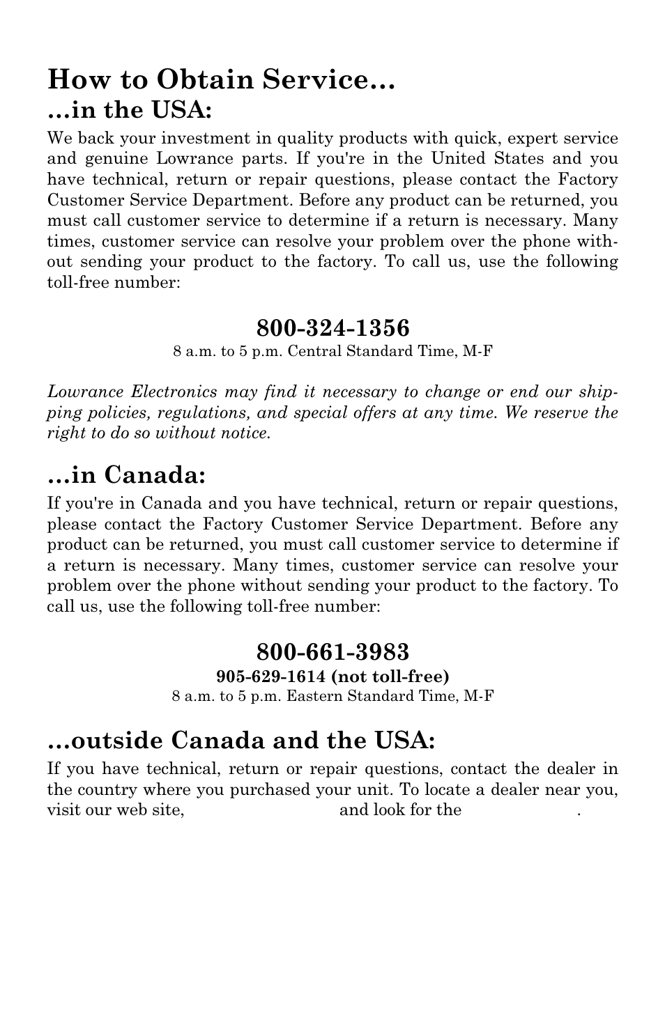 How to obtain service, Outside canada and the usa | Lowrance electronic H2O User Manual | Page 122 / 124