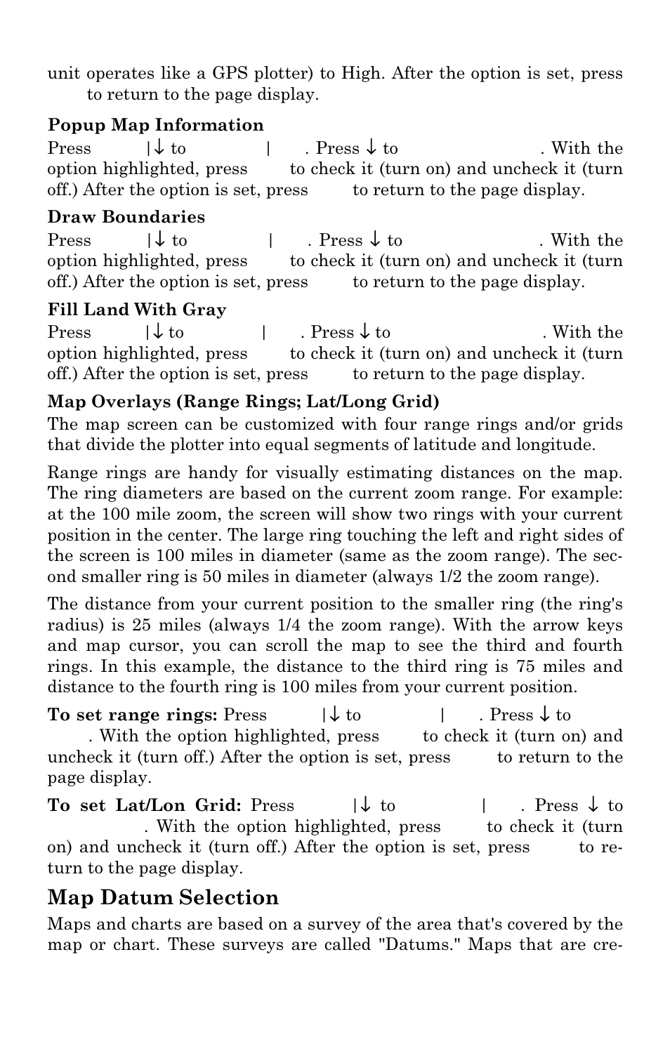 Map datum selection | Lowrance electronic H2O User Manual | Page 77 / 124